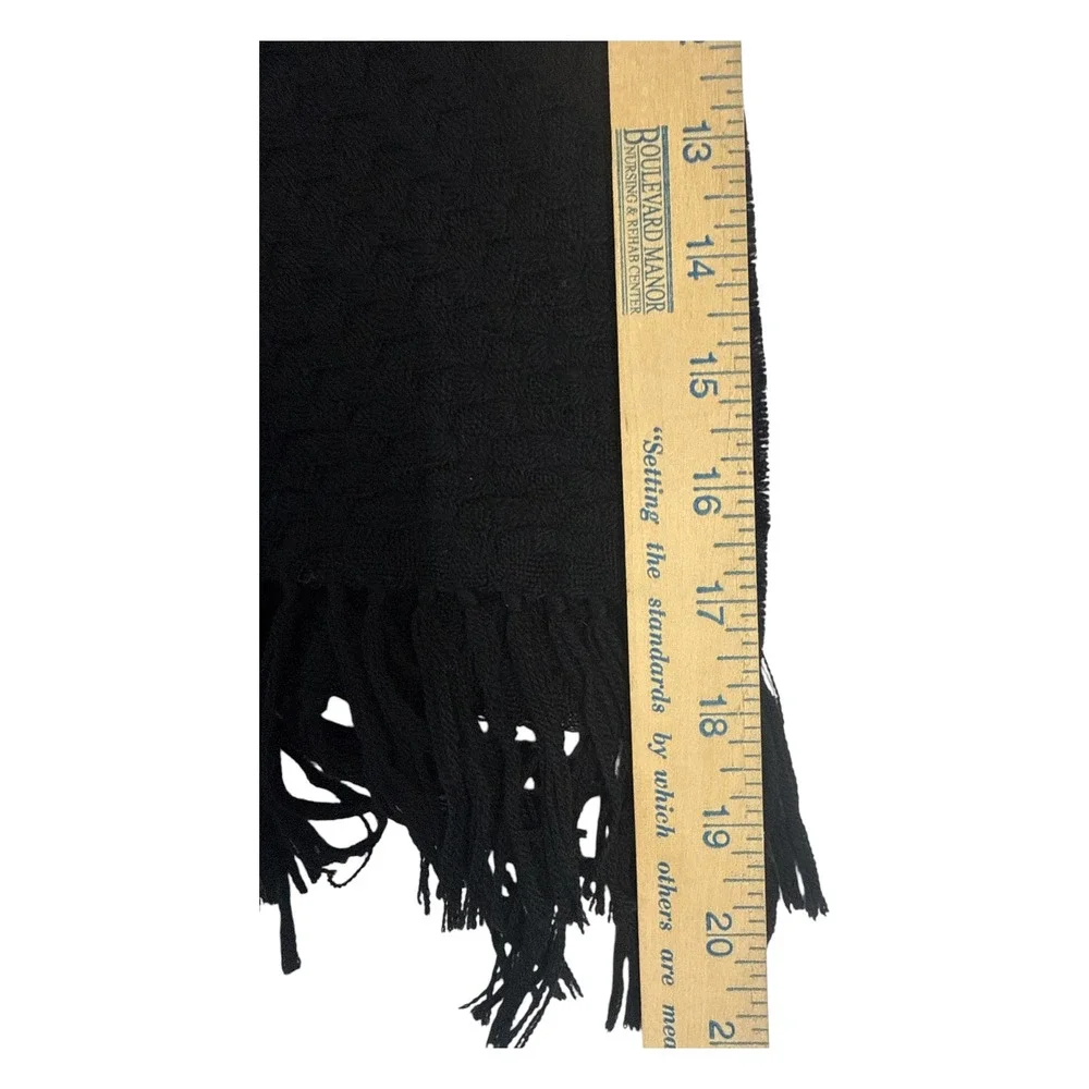 NWOT Tory Burch Black Merino‎ Wool Fringe Wrap Scarf Logo Quiet Luxury Old Money